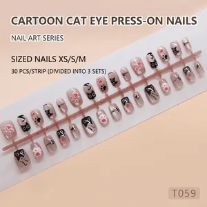 Handgemaakte cat eye plaknagels met schattige katten- en pootpatronen, set van 30 stuks