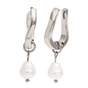Elegant 18K gold plated stainless steel U-shaped spiral earrings with white teardrop pearls