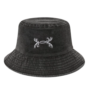 Retro washed black denim bucket hat with white deer antler embroidery for unisex