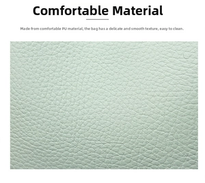 Detail of light green litchi texture PU leather surface for high-capacity handbags