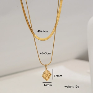 Double layered 18k gold plated stainless steel snake chain necklace with floral pendant