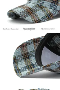 Detail van versterkte rand van tweed honkbalpet met zonbescherming en verstelbare kromming