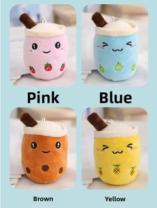 Detailed grid of plush bubble tea keychains in pink, blue, brown, and yellow colors