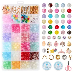 DIY Jewelry Making Kit Glass Crackle Beads Acrylic Letter Beads Alloy Charms Scissors Elastic String For Bracelet Necklace