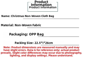Specifications of Christmas non-woven handbag showing material and size 22.5x1x26cm