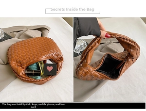 Internal view of brown woven leather bag showing space for phone and keys