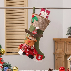 Large forest green Christmas stocking with 3D reindeer decor for holiday home hanging