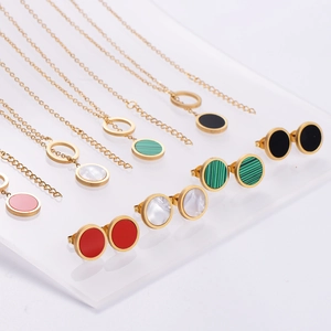 Set of round 18K gold-plated stainless steel necklaces and studs with multi-color inlays