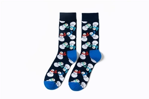 Detail of navy cotton socks with snowman pattern and blue toe contrast finish