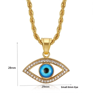 Hip hop evil eye pendant necklace with gold chain and white zircon inlay detail