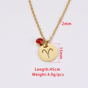 Gold Aries zodiac necklace with red birthstone and hollow round pendant dimensions