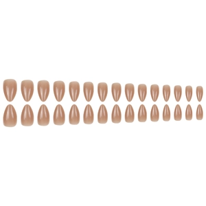 Glossy almond-shaped press-on nails in nude color, 24 pieces set on white background