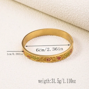 18K gold plated stainless steel bangle featuring colorful floral enamel patterns and 6cm diameter