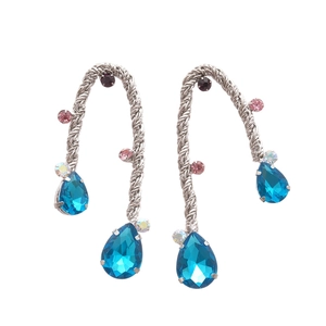 Metallic woven tassel earrings with blue teardrop crystals and colorful rhinestones