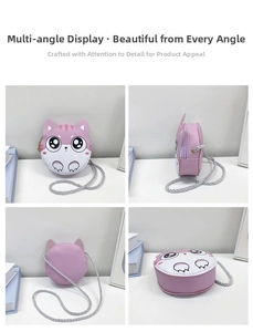 Vue détaillée du sac chat rose pour enfants sous quatre angles avec oreilles 3D et fermeture