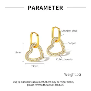 Macro detail of heart hoop earring with dimensions 19mm and cubic zirconia inlay