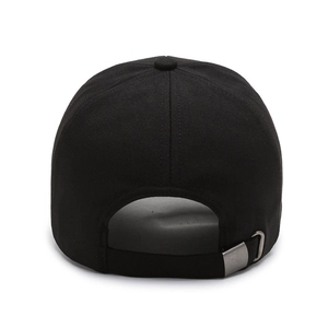 Black cotton baseball cap with adjustable silver metal buckle back view for men