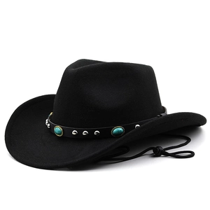Chapeau de cowboy en feutre noir avec bande ornée de turquoise et corde de vent