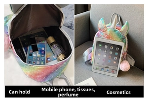 Detail view of colorful sequin unicorn backpack showing interior capacity for essentials