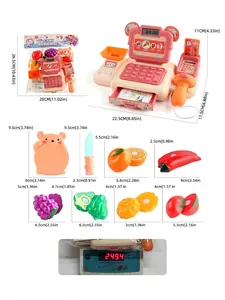 Detailed view of pink bear cashier toy dimensions, scan gun, and fruit accessories