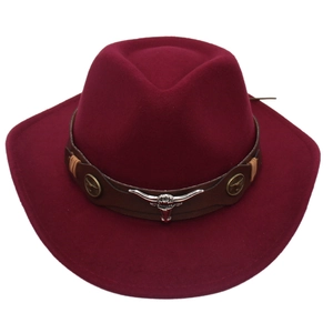 Detail of burgundy felt cowboy hat featuring brown leather band and silver bull head icon