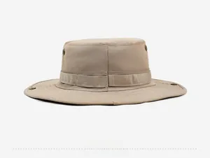 Close-up of khaki outdoor sun hat with ripstop fabric and metal ventilation eyelets