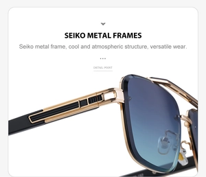 Detail of high-end rimless sunglasses showing hollow metal temples and gradient blue lenses