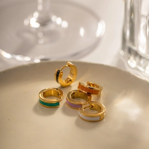 Set of five 18K gold-plated stainless steel hoop earrings with colorful enamel finishes