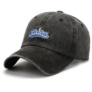 Vintage washed black denim baseball cap with China embroidery and adjustable soft top