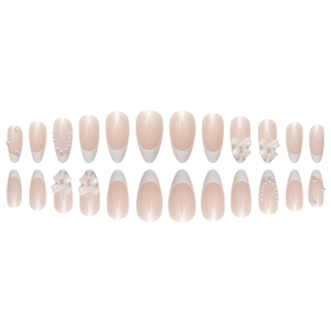 French almond press-on nails with white bows and pearls on nude base, 24 piece set
