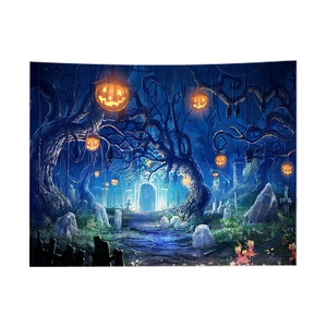3D Halloween tapestry featuring glowing pumpkins and a blue portal in a dark forest scenery