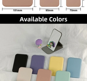 Various sizes of portable folding makeup mirrors with colorful leather cases and dimensions