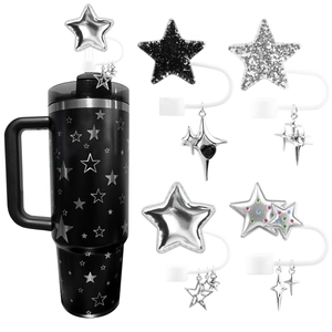 Black Stanley Cup straw topper set with silver glitter stars and butterfly bow charms