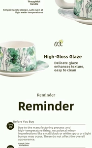 Detail of floral ceramic cup with heat-resistant handle and high-gloss glaze finish