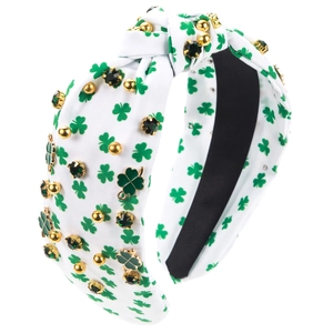 Plaid knotted headband with green clover patterns, rhinestones and lucky charms