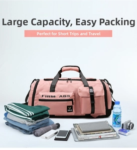 Detailed interior of pink travel bag showing large capacity storage for clothes and gear