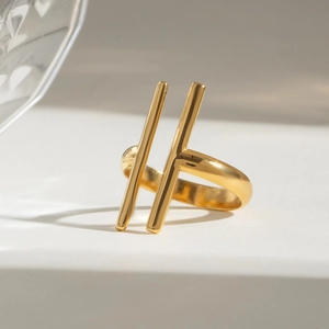 Minimalist 18k gold plated stainless steel open ring with dual parallel vertical bars