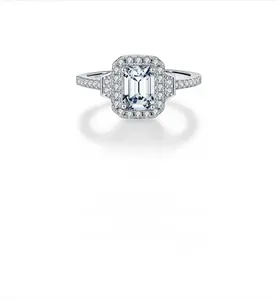 Macro shot of S925 silver stamp on an emerald cut moissanite ring with halo setting