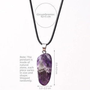 Detailed size chart for natural amethyst stone pendant necklace with cord dimensions
