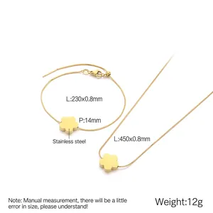 Detailed sizing specifications for gold clover necklace and bracelet set in stainless steel