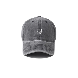 Vintage washed charcoal cotton baseball cap with white double heart embroidery for men and women