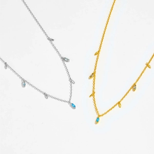 Elegant S925 silver long necklaces in gold and silver with blue marquise zircon and leaf