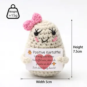 Knitted potato doll with pink bow and German card, 7.5cm cute motivational crochet gift