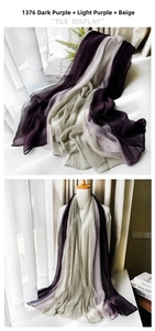 Detail view showing vertical pleats on a purple and beige gradient silk scarf for women