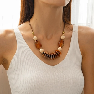 Close-up of double-layer acrylic oval pendant necklace with vintage amber texture