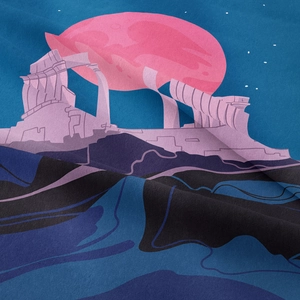Bohemian tapestry featuring a pink full moon and ancient ruins under a starry night sky
