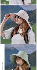 Detail of outdoor sun hat with large brim and neck flap featuring a ponytail hole design