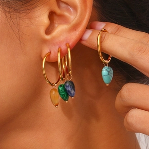 Chic stainless steel hoop earrings with natural stone heart charms for women