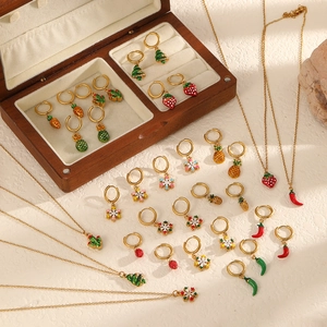 Stainless Steel Necklace Earrings Christmas Holiday Jewelry Women Enamel Snowflake Fruit Vegetable Pendant Fashion Accessories