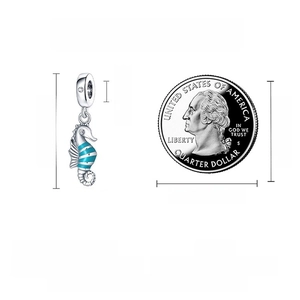 Detailed dimensions of blue seahorse pendant bead in S925 silver with multicolor zircon
